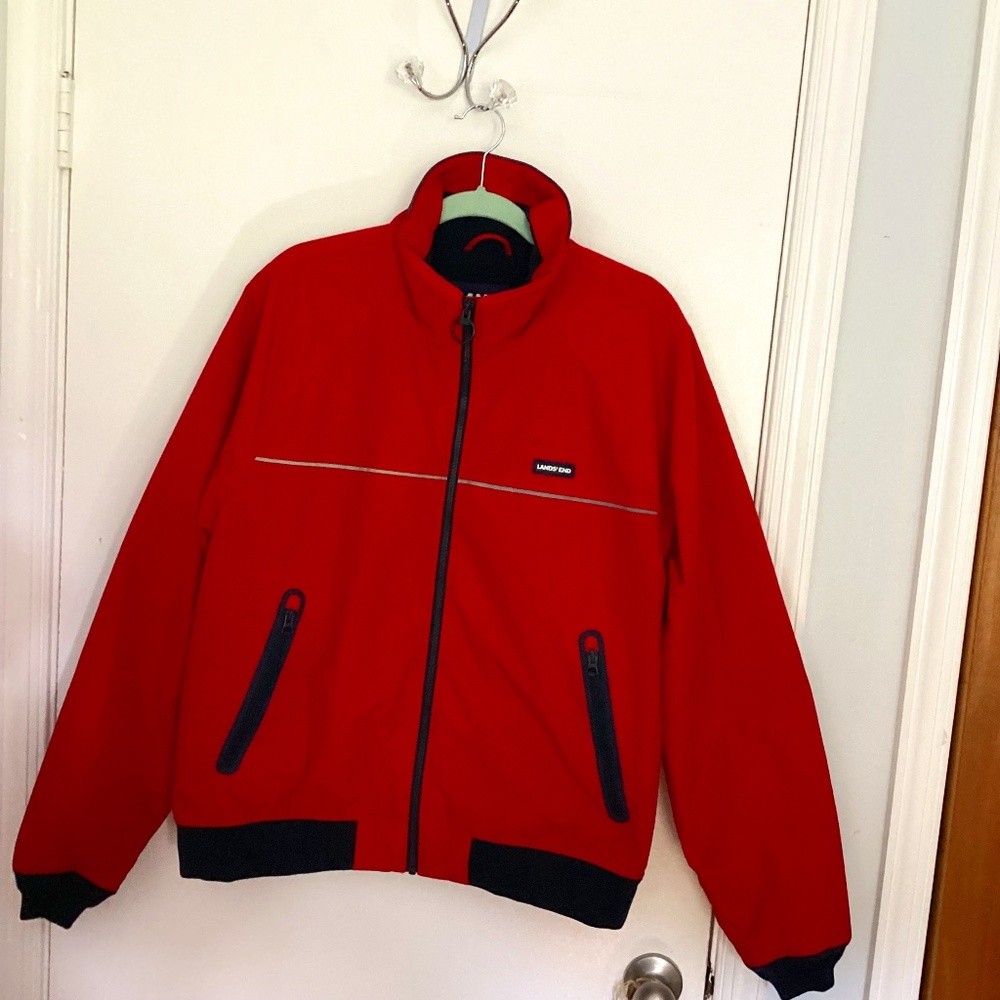 LANDS' END MEN'S L (42-44) CHRISTMAS  RED. JACKET BOMBER  NAVY FLEECE LINING